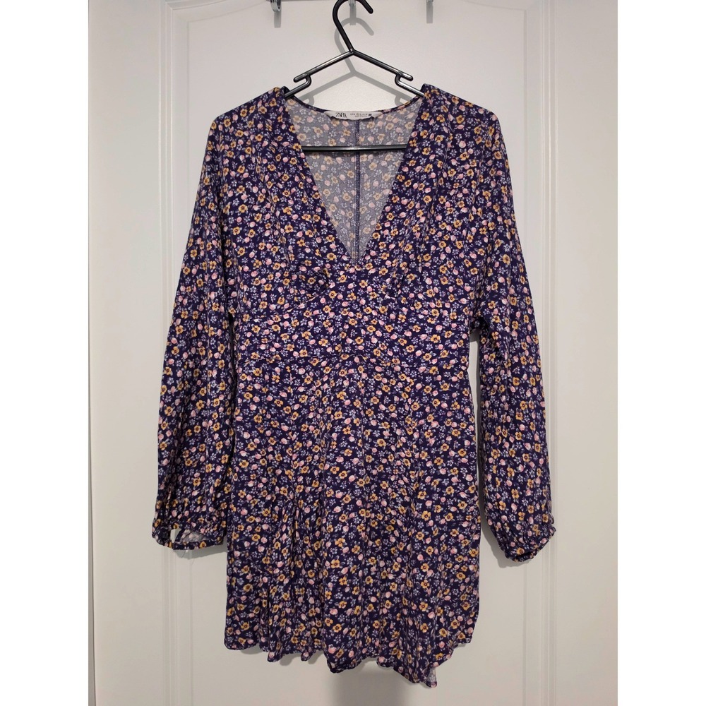 Zara Floral V-Neck Mini Dress Navy Blue Yellow Ditsy Print Long Sleeve Medium